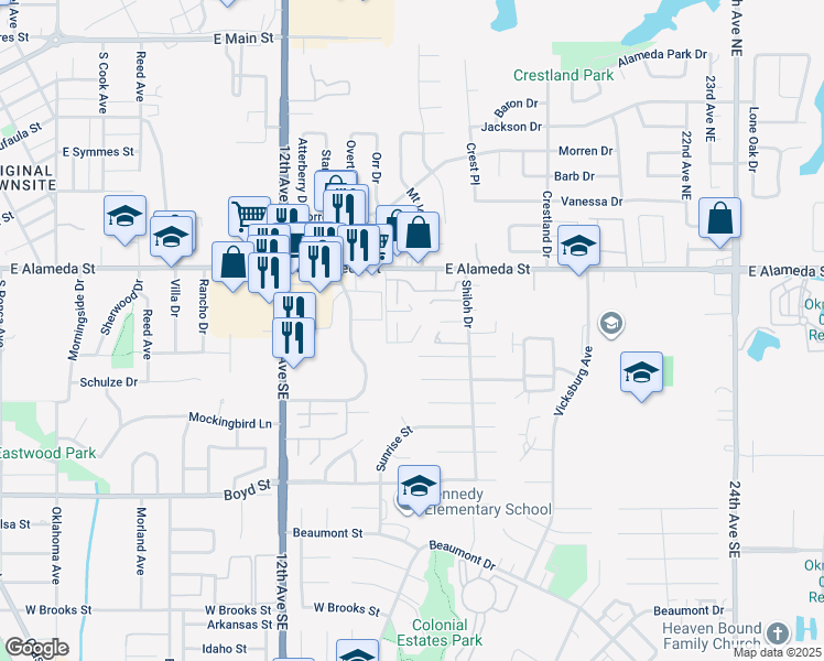 map of restaurants, bars, coffee shops, grocery stores, and more near 214 Justin Drive in Norman