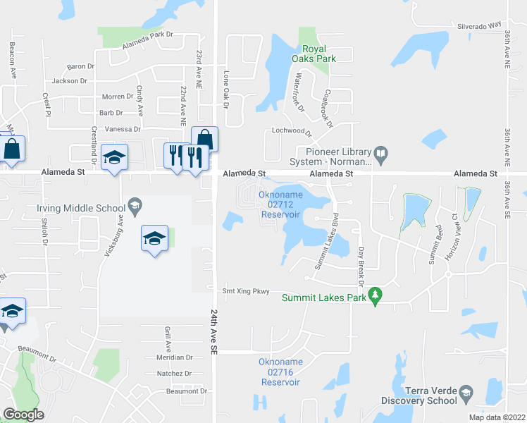 map of restaurants, bars, coffee shops, grocery stores, and more near 214 Boulevard Du Lac in Norman