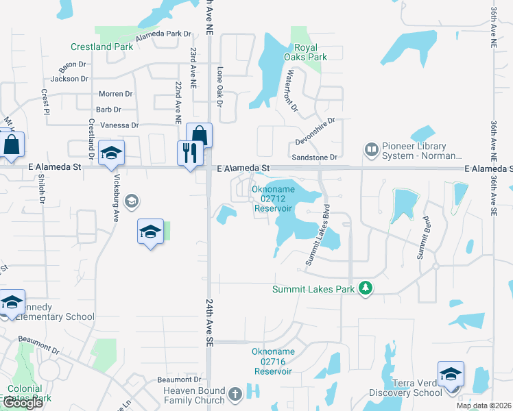 map of restaurants, bars, coffee shops, grocery stores, and more near 203 Boulevard Du Lac in Norman