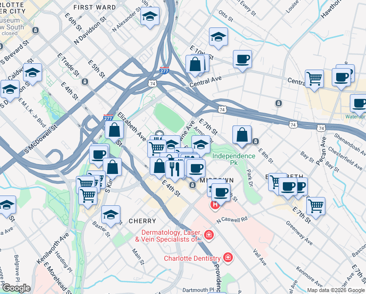 map of restaurants, bars, coffee shops, grocery stores, and more near 1401 Park Drive in Charlotte