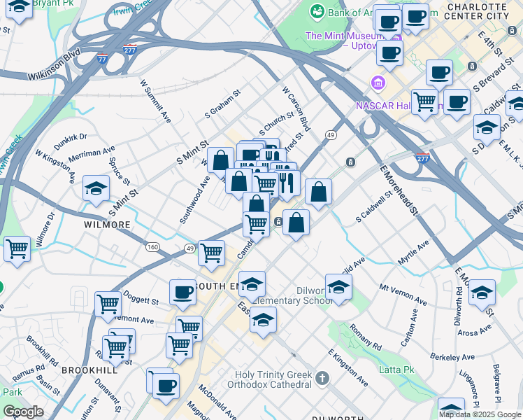 map of restaurants, bars, coffee shops, grocery stores, and more near 1440 South Tryon Street in Charlotte