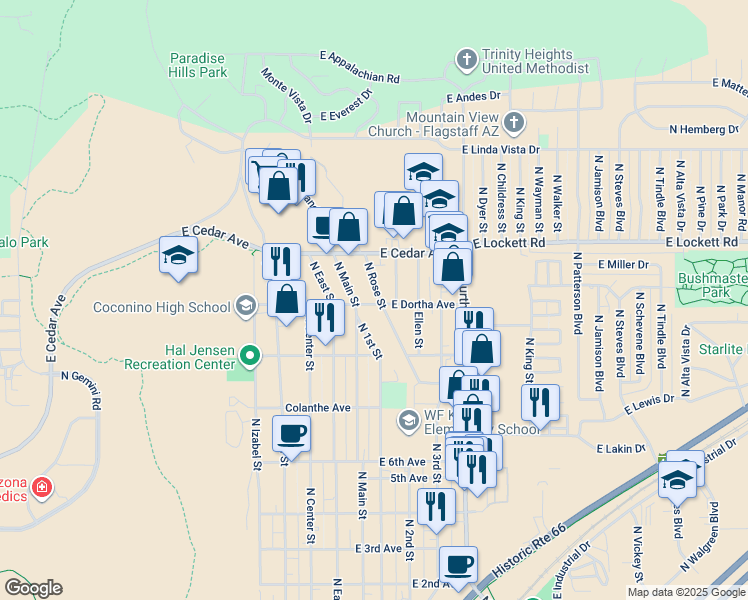 map of restaurants, bars, coffee shops, grocery stores, and more near 2917 North Rose Street in Flagstaff