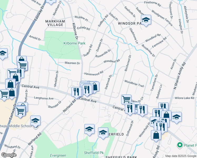 map of restaurants, bars, coffee shops, grocery stores, and more near 3811 Havenwood Road in Charlotte