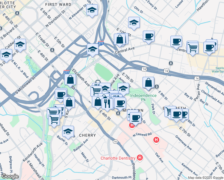 map of restaurants, bars, coffee shops, grocery stores, and more near 1401 Park Drive in Charlotte