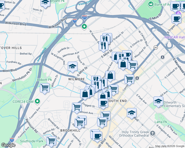map of restaurants, bars, coffee shops, grocery stores, and more near 1615 South Mint Street in Charlotte