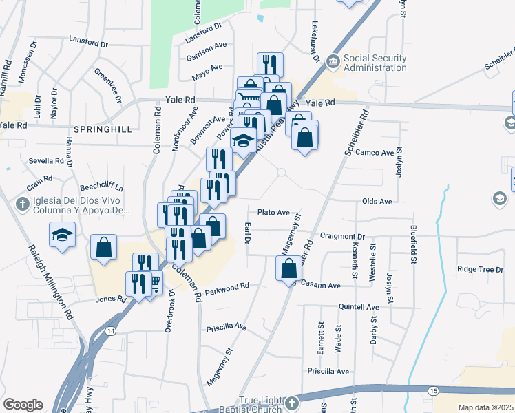 map of restaurants, bars, coffee shops, grocery stores, and more near 3329 Earl Drive in Memphis