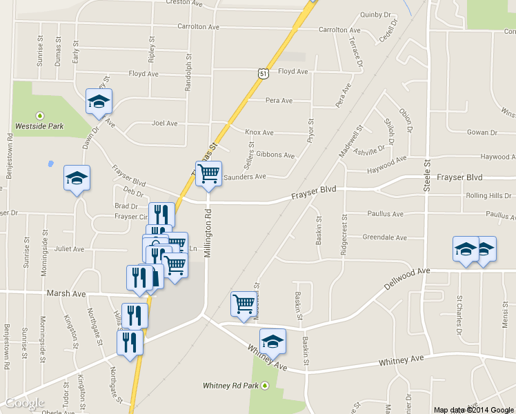 map of restaurants, bars, coffee shops, grocery stores, and more near 1148 Frayser Boulevard in Memphis