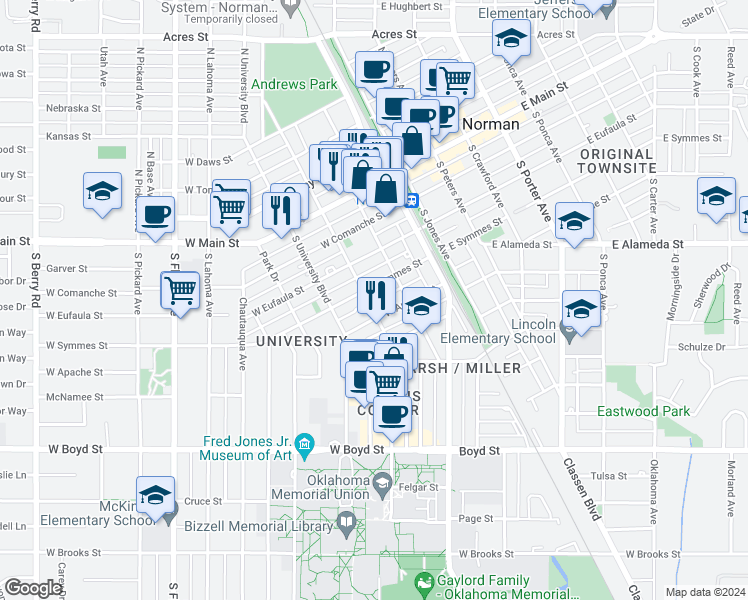 map of restaurants, bars, coffee shops, grocery stores, and more near 219 West Symmes Street in Norman