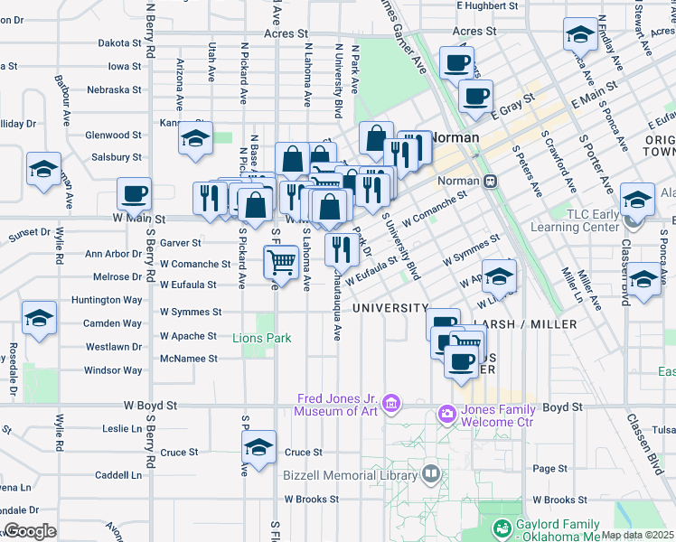 map of restaurants, bars, coffee shops, grocery stores, and more near 605 West Comanche Street in Norman