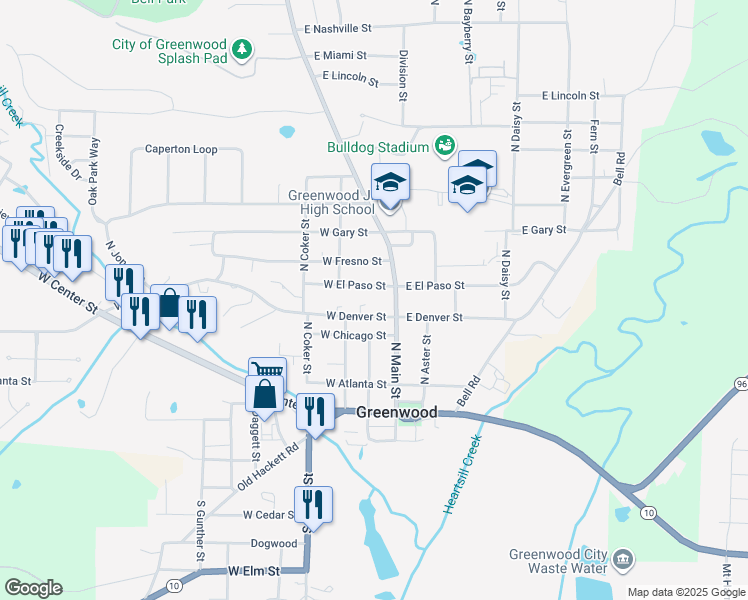 map of restaurants, bars, coffee shops, grocery stores, and more near 201 North Main Street in Greenwood