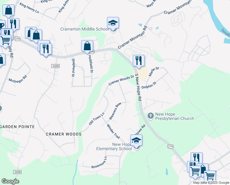 map of restaurants, bars, coffee shops, grocery stores, and more near 5213 Featherstone Court in Gastonia