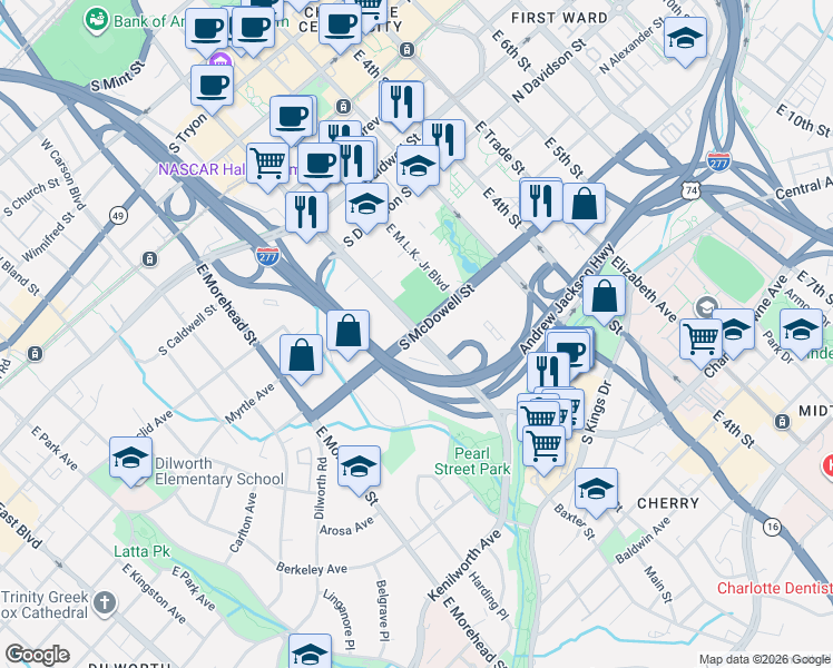 map of restaurants, bars, coffee shops, grocery stores, and more near 900 East Stonewall Street in Charlotte
