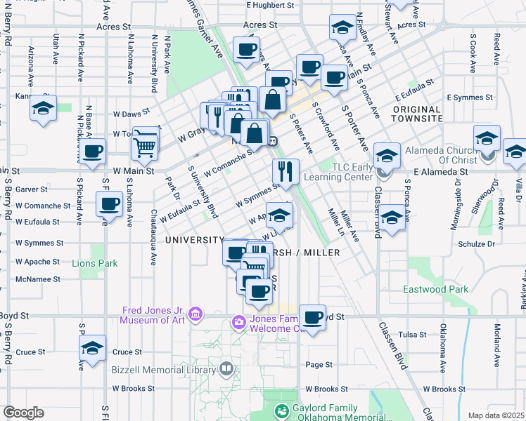 map of restaurants, bars, coffee shops, grocery stores, and more near 207 West Apache Street in Norman