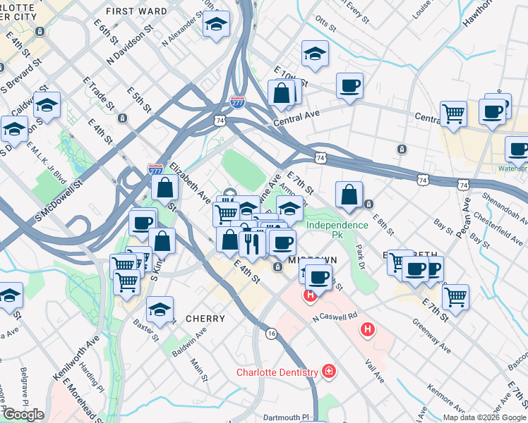 map of restaurants, bars, coffee shops, grocery stores, and more near 1401 Park Drive in Charlotte