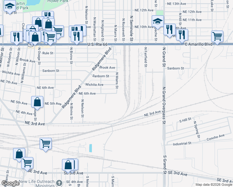 map of restaurants, bars, coffee shops, grocery stores, and more near 2922 North Marrs Street in Amarillo