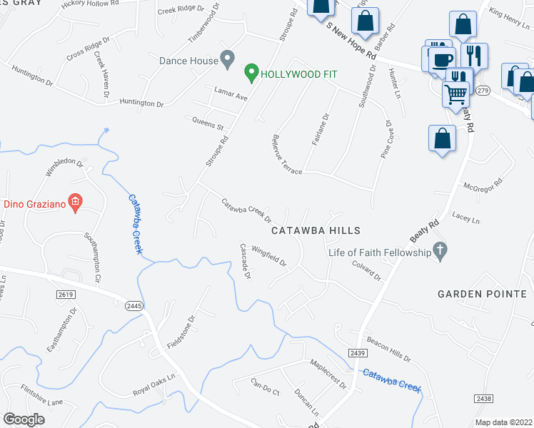 map of restaurants, bars, coffee shops, grocery stores, and more near 3824 Quill Court in Gastonia