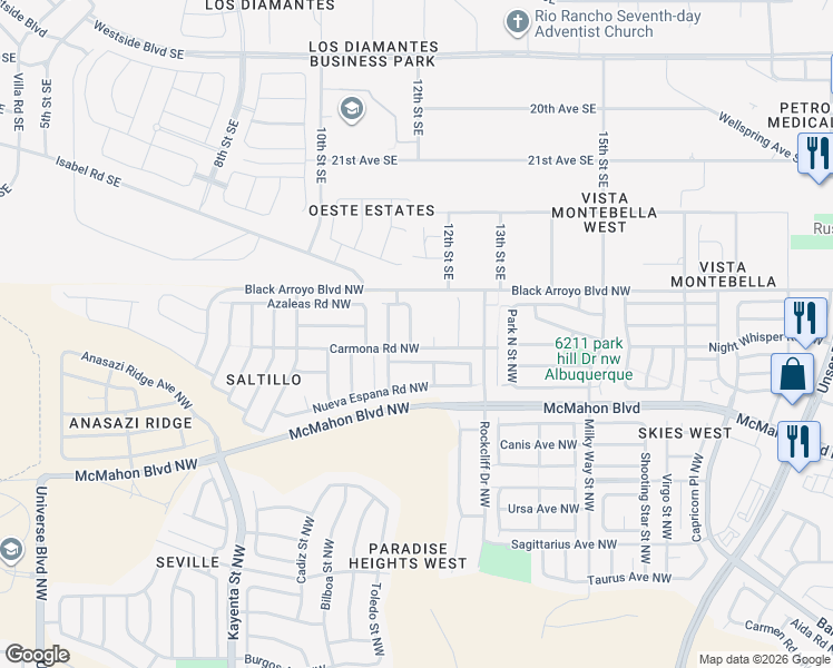map of restaurants, bars, coffee shops, grocery stores, and more near 11024 Escensia Street Northwest in Albuquerque