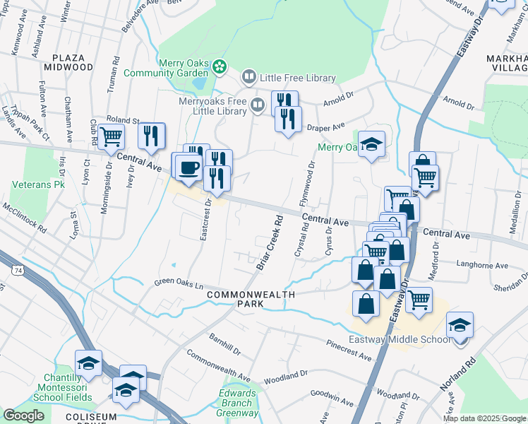 map of restaurants, bars, coffee shops, grocery stores, and more near 3214 Central Avenue in Charlotte