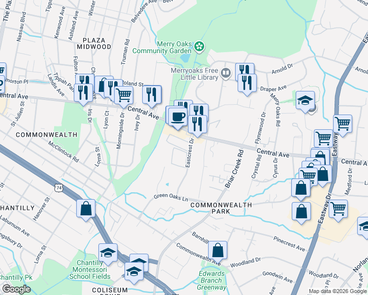map of restaurants, bars, coffee shops, grocery stores, and more near 1719 Eastcrest Drive in Charlotte