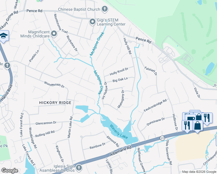 map of restaurants, bars, coffee shops, grocery stores, and more near 6411 Big Oak Lane in Charlotte
