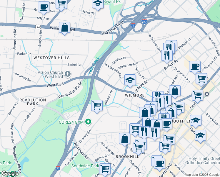 map of restaurants, bars, coffee shops, grocery stores, and more near in Charlotte