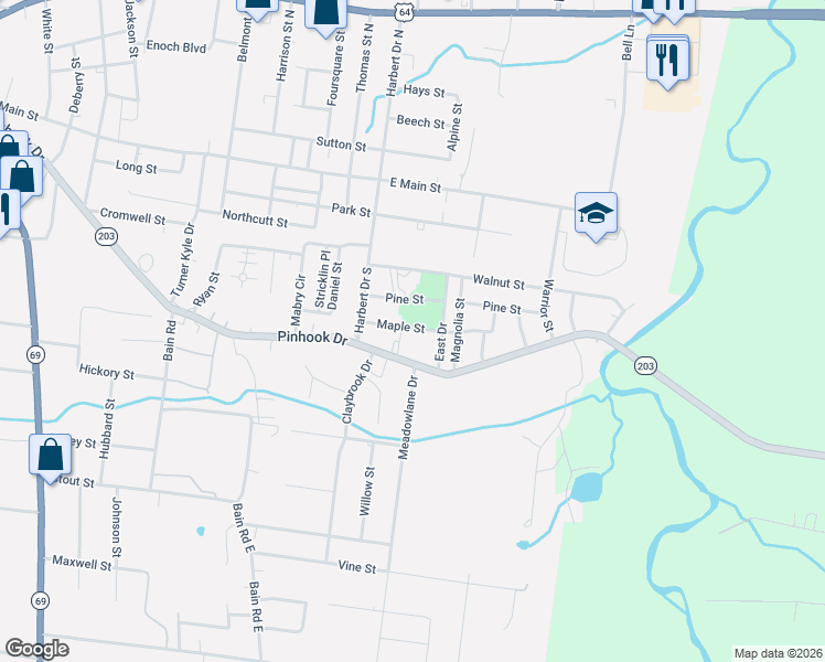 map of restaurants, bars, coffee shops, grocery stores, and more near 65 Maple Street in Savannah