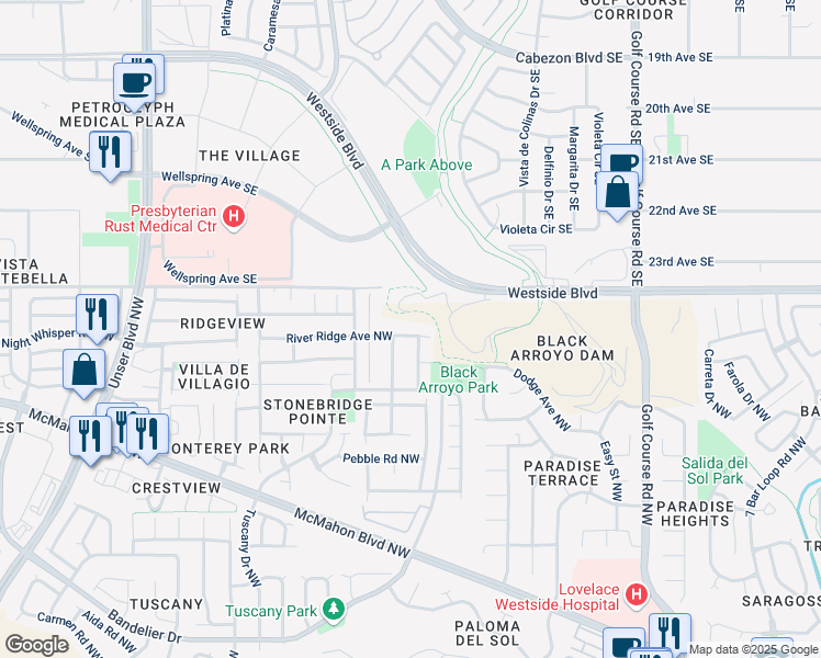 map of restaurants, bars, coffee shops, grocery stores, and more near 5119 River Ridge Avenue Northwest in Albuquerque