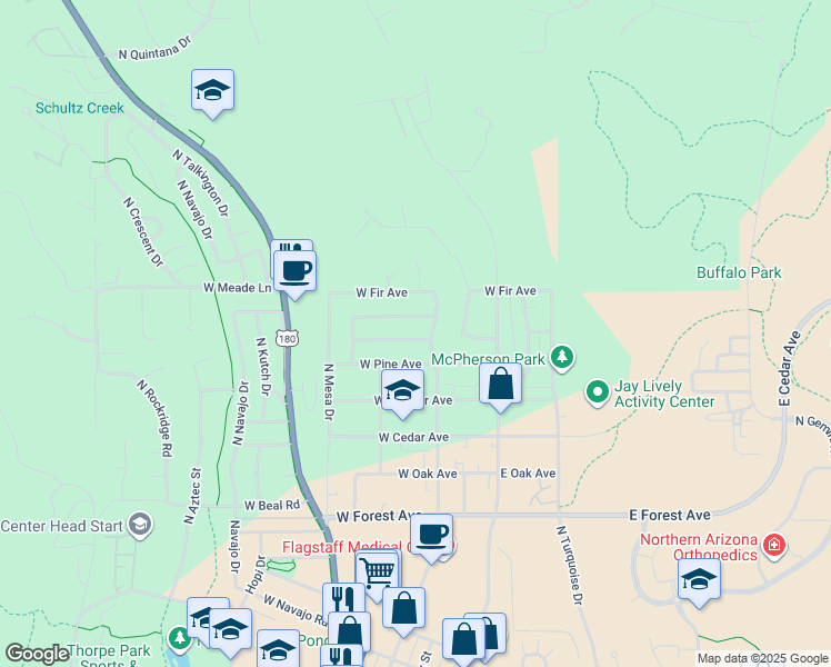 map of restaurants, bars, coffee shops, grocery stores, and more near 1825 North Beaver Street in Flagstaff