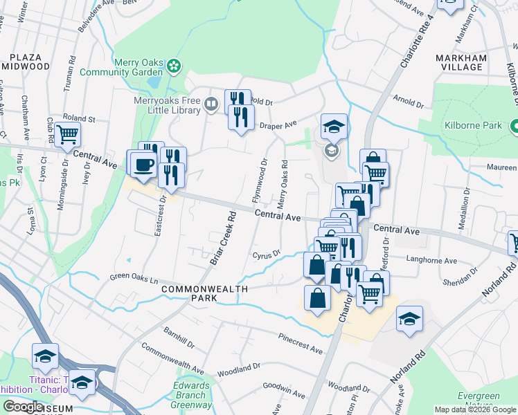 map of restaurants, bars, coffee shops, grocery stores, and more near in Charlotte
