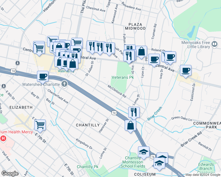 map of restaurants, bars, coffee shops, grocery stores, and more near 2405 McClintock Road in Charlotte