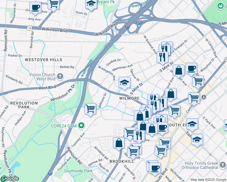 map of restaurants, bars, coffee shops, grocery stores, and more near in Charlotte