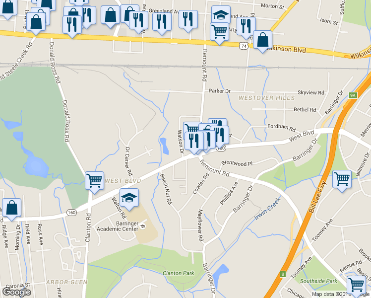 map of restaurants, bars, coffee shops, grocery stores, and more near 1621 Remount Road in Charlotte