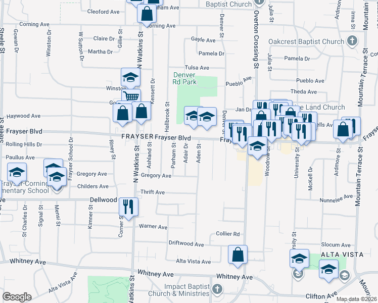 map of restaurants, bars, coffee shops, grocery stores, and more near 3343 Aden Street in Memphis