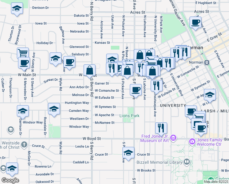map of restaurants, bars, coffee shops, grocery stores, and more near 919 West Comanche Street in Norman