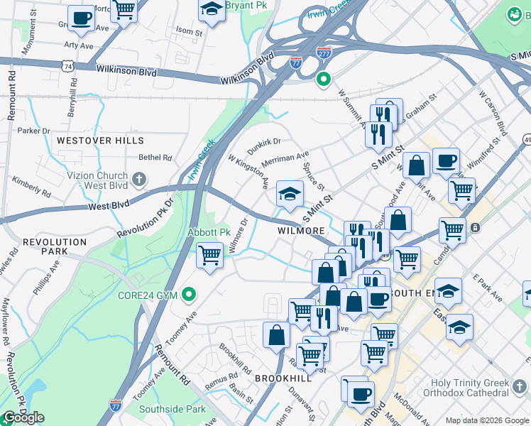 map of restaurants, bars, coffee shops, grocery stores, and more near 1813 Wilmore Drive in Charlotte