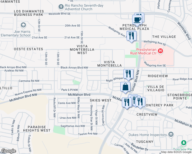 map of restaurants, bars, coffee shops, grocery stores, and more near 5916 Night Rose Avenue Northwest in Albuquerque