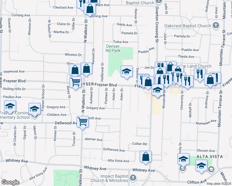 map of restaurants, bars, coffee shops, grocery stores, and more near 3343 Aden Street in Memphis