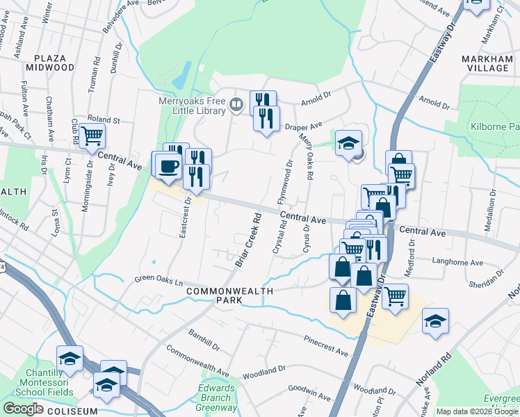 map of restaurants, bars, coffee shops, grocery stores, and more near Central Avenue & Briar Creek Road in Charlotte