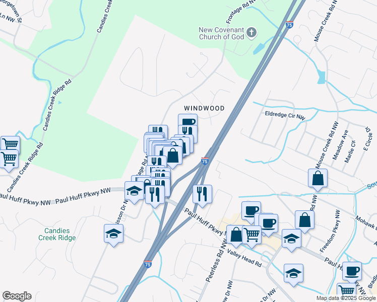 map of restaurants, bars, coffee shops, grocery stores, and more near 4570 Frontage Road Northwest in Cleveland