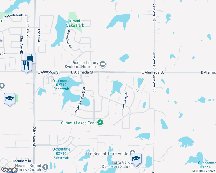 map of restaurants, bars, coffee shops, grocery stores, and more near 121 Summit Ridge Court in Norman