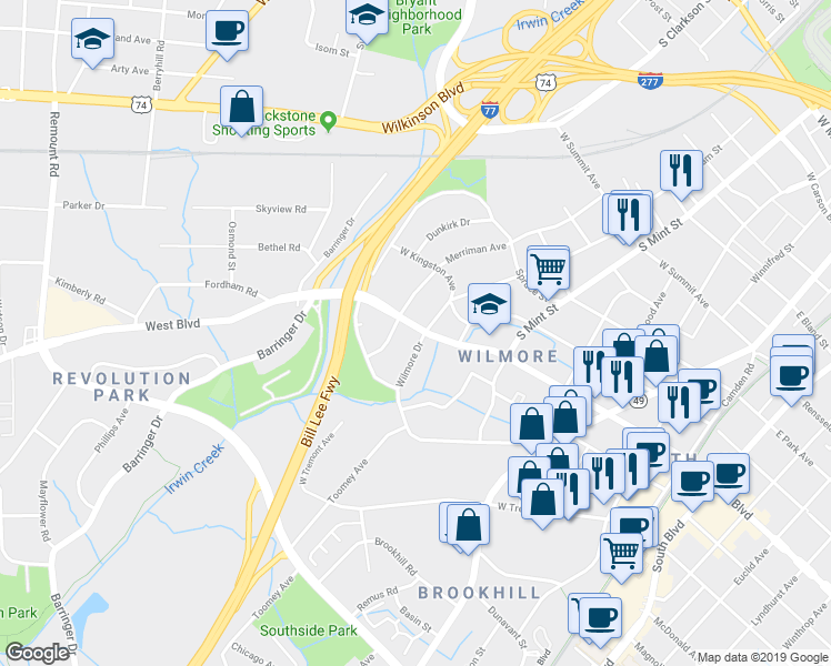 map of restaurants, bars, coffee shops, grocery stores, and more near 1902 Wilmore Drive in Charlotte