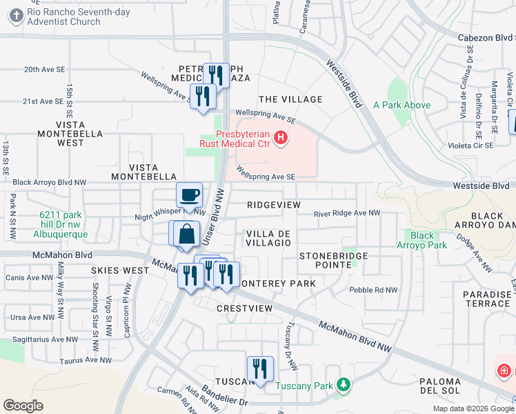 map of restaurants, bars, coffee shops, grocery stores, and more near 5600 Mesa Ridge Road Northwest in Albuquerque