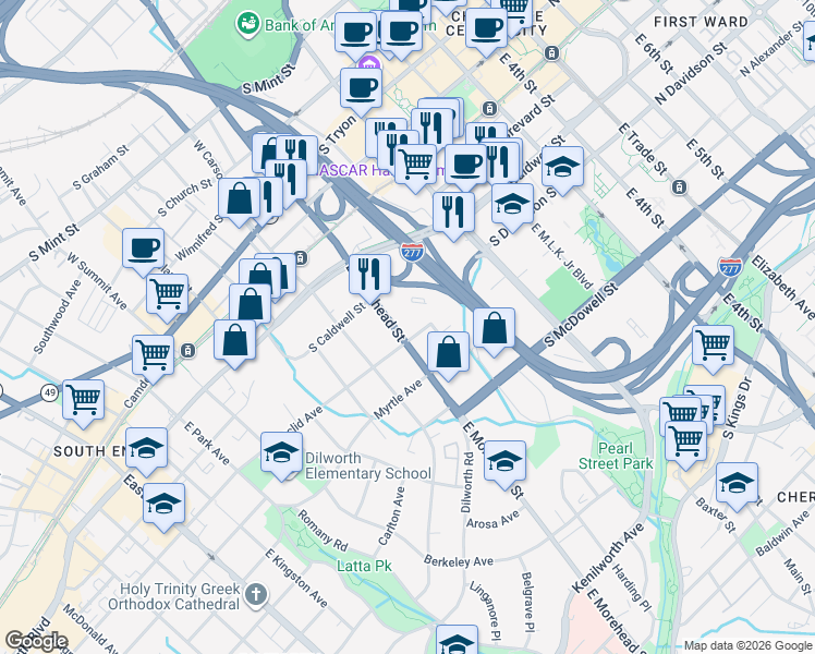 map of restaurants, bars, coffee shops, grocery stores, and more near in Charlotte