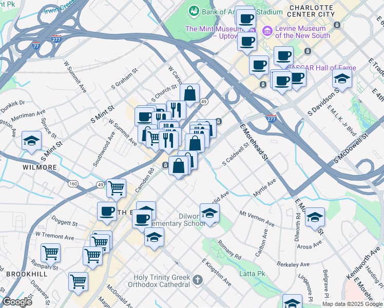 map of restaurants, bars, coffee shops, grocery stores, and more near 310 Arlington Avenue in Charlotte