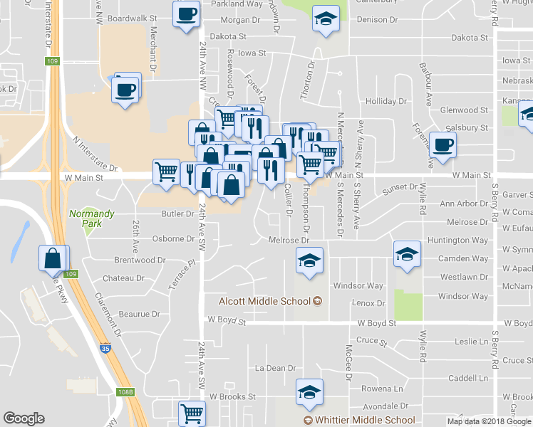 map of restaurants, bars, coffee shops, grocery stores, and more near 217 Muldrow Court in Norman
