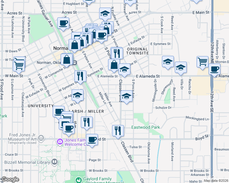 map of restaurants, bars, coffee shops, grocery stores, and more near 319 Keith Street in Norman