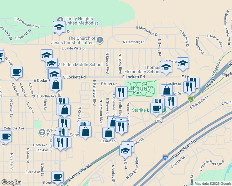 map of restaurants, bars, coffee shops, grocery stores, and more near 2628 East Elder Drive in Flagstaff