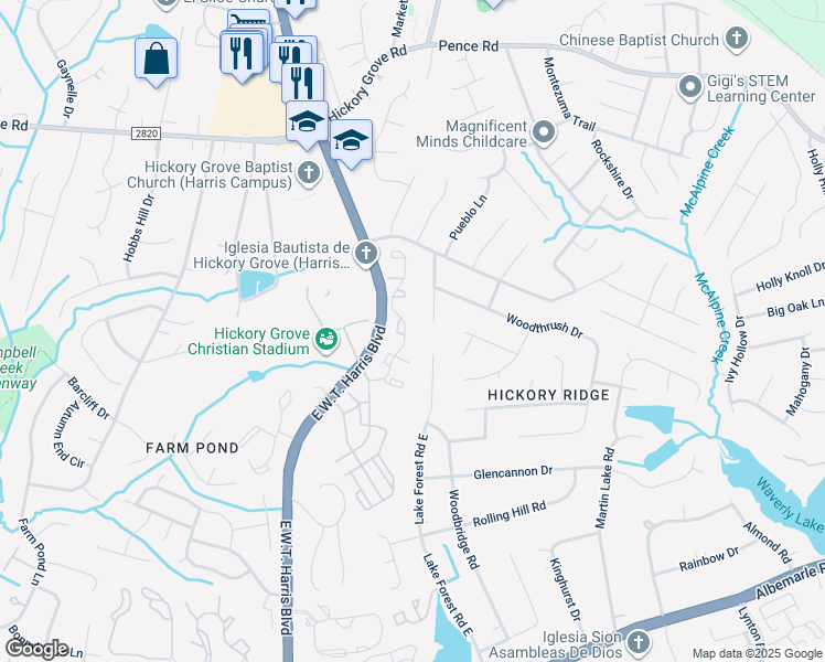 map of restaurants, bars, coffee shops, grocery stores, and more near 7663 Petrea Lane in Charlotte