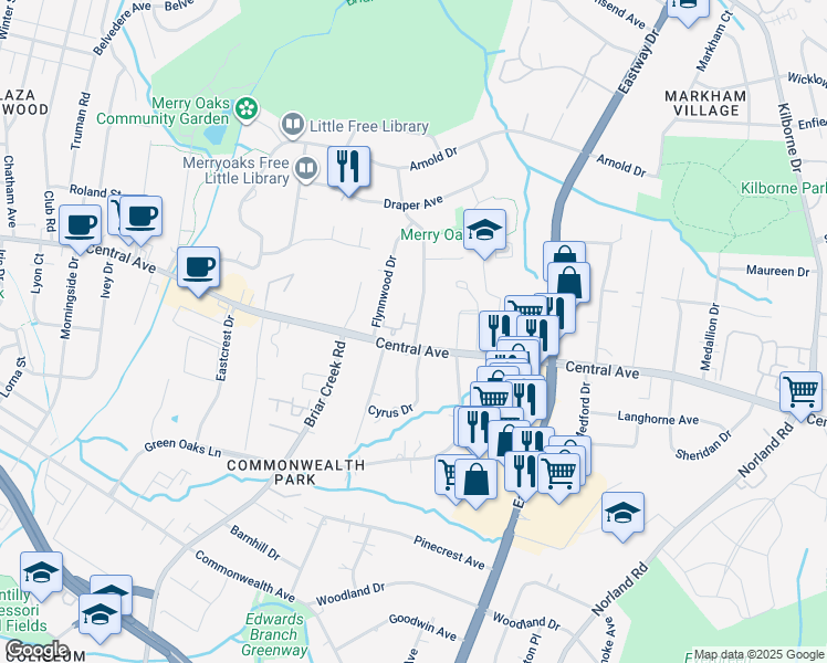 map of restaurants, bars, coffee shops, grocery stores, and more near 1624 Merry Oaks Road in Charlotte