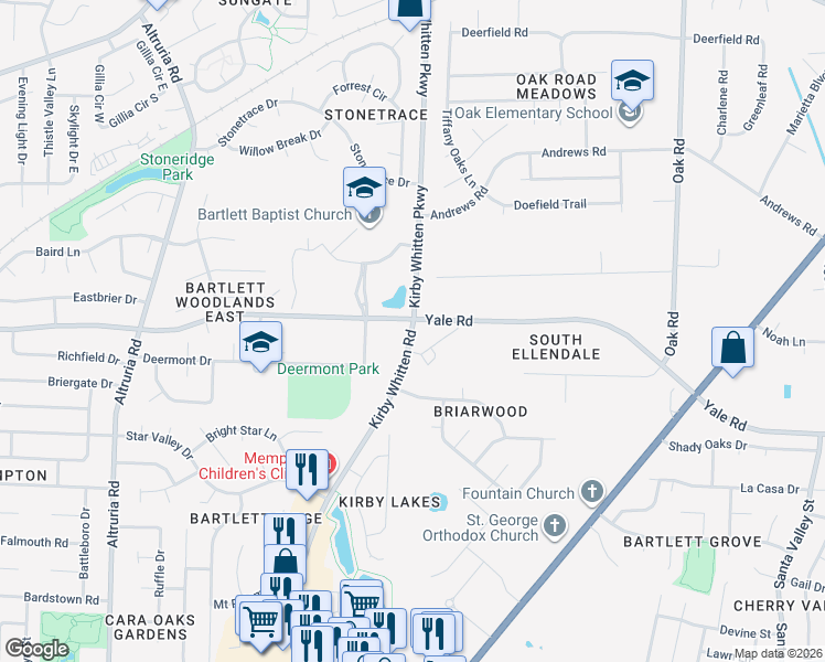 map of restaurants, bars, coffee shops, grocery stores, and more near 3345 Kirby Whitten Road in Bartlett